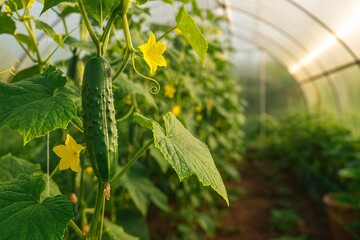 Fresh Green Cucumber with Yellow Flower Growing in Greenhouse Farm Garden Vegetable Plant Food Harvest Cultivation Agriculture Gardening