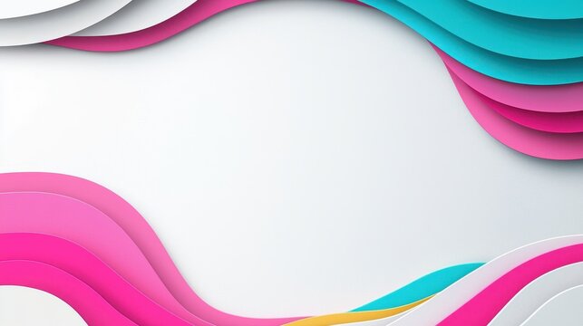 Colorful Paper Cut Waves Frame on White Background - Abstract Design with Pink, Teal, and Yellow for Creative Presentations and Graphic Design