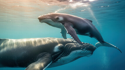 Mother and baby humpback whales swimming underwater in clear ocean, concept of wildlife, nature and marine life beauty