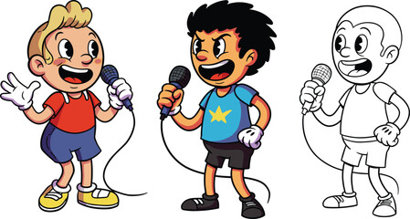 Cartoon, characters, singing, microphone, music, performance, outfit, gloves, shoes, colorful, outline, drawing, fun, animated, playful, entertainment, vocal, kids, activity, expression