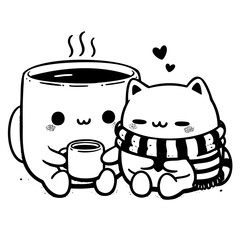 Cute cat and a cup of coffee are sitting together. The cat is wearing a scarf and the cup is filled with coffee