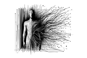 Man's body is split in half, with one half missing. The image is black and white and has a sense of chaos and destruction