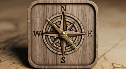 A square wooden compass with a golden needle, set against an old map, symbolizing guidance and exploration in a vintage style