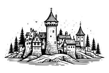 Large castle with a tower and a small village in the background. The castle is surrounded by trees and a body of water