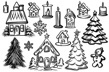 Collection of Christmas decorations including a gingerbread man, a house, and a tree. The decorations are drawn in black and white