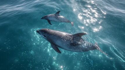 Fototapeta premium Two dolphins swimming in ocean water marine wildlife aquatic animals ocean life sea creatures underwater world view 100