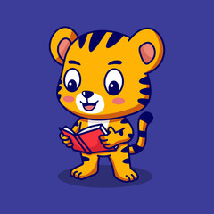 Cute Cartoon Tiger Cub Holding and Reading an Open Red Book With Black and Orange Stripes Against a Solid Purple Background With Transparent Background