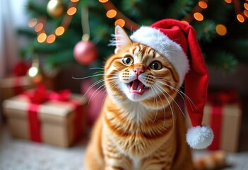 Happy orange cat with Santa Claus hat.