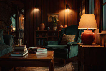 Cozy cabin living room with warm lighting and inviting atmosphere