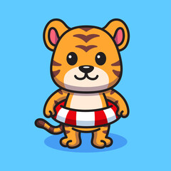 Cute Cartoon Tiger with Red and White Swim Ring Ready for Swimming in Clear Blue Water Overhead View