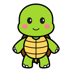 Cute Cartoon Turtle With Green Shell And Pink Cheeks On Transparent Background Vector Illustration
