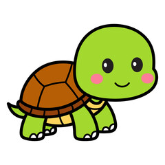 Cute Cartoon Turtle With Green Shell and Pink Cheeks on a Transparent Background