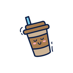 Cute Coffee Cup Doodle with Straw and Happy Face Simple Vector Illustration