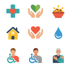 Healthcare and Social Services Icons Set | Medical Help, Charity, Care, and Support Illustrations for Web Design, Infographics and Social Media