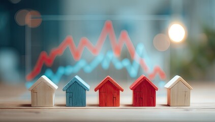 Miniature houses line up before an overlay of fluctuating financial graphs