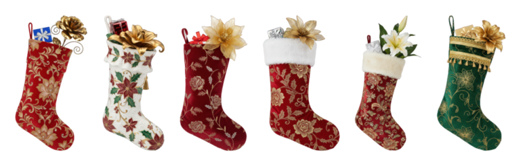 Christmas stockings set including red, white, and green with gold embroidery and festive elements isolated. Festive holiday decor collection.