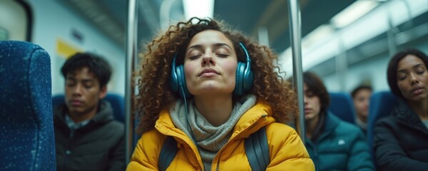 Woman listens music with eyes closed on train wearing blue headphones. Commuters travel sitting in subway cabin. Lady enjoys audio content in public transport during daily ride enjoying leisure time.