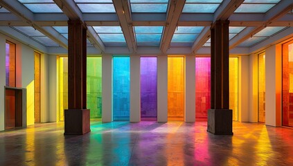 A gallery space bathed in rainbow light streaming through colorful, vertical window panels