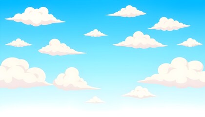 Cartoon sky with fluffy white clouds on a bright blue background.