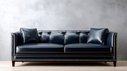 Elegant Blue Leather Sofa with Decorative Cushions and Stylish Design