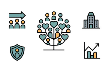 Community Building with Hearts, People and Growth Icons | Business and Social Network Concept for Connection, Security, and Development