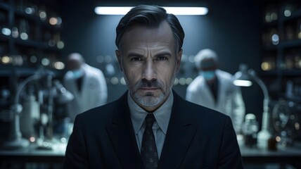 Stern Pharmaceutical Executive in Suit Inspecting Modern Laboratory with Blurred Scientists