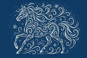Elegant white horse decorated with swirling patterns and snowflakes on a deep blue background