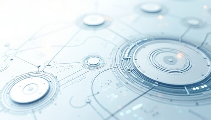 Abstract digital grid with circular interface elements and glowing lights. Futuristic tech network graphic with interconnected nodes and lines, representing data flow.