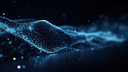 Abstract, glowing, blue particle wave over a dark background, 3D rendering