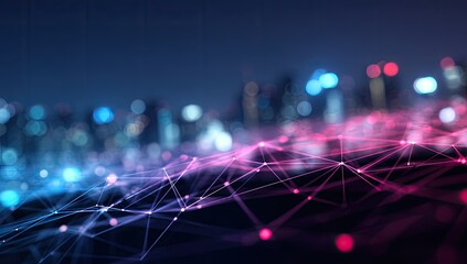 Abstract cityscape illustration at night with blurred lights and connecting digital lines