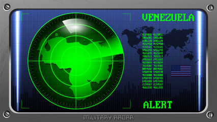 Vector military digital radar panel. Illuminated green map of Bolivarian Republic of Venezuela. Alert. World map. US flag. Technological equipment