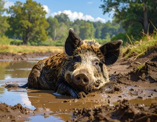 Muddy Wild Pig Relaxing in a Pond.