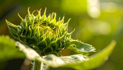 A close-up of a sunflower bud, showcasing the intricate details of its green petals. A soft focus background of leaves