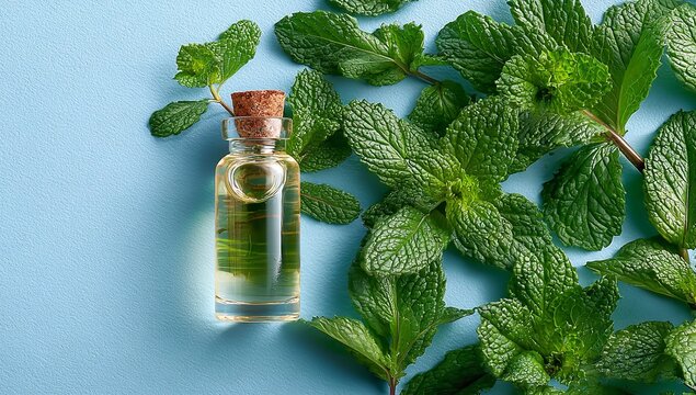 Refreshing mint essential oil in a glass bottle with fresh green leaves offers natural wellness and aromatherapy benefits for a healthy lifestyle vibe