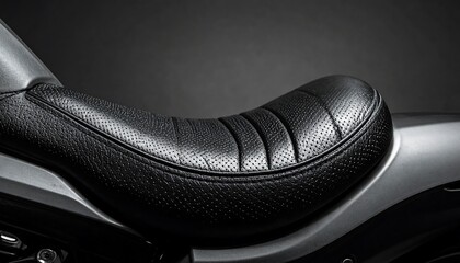 A close-up of a black leather motorcycle seat. The seat has a textured perforated surface with raised stitching. The seat rests on a gray metal structure