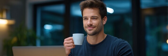Happy man sips coffee working on laptop in modern home evening