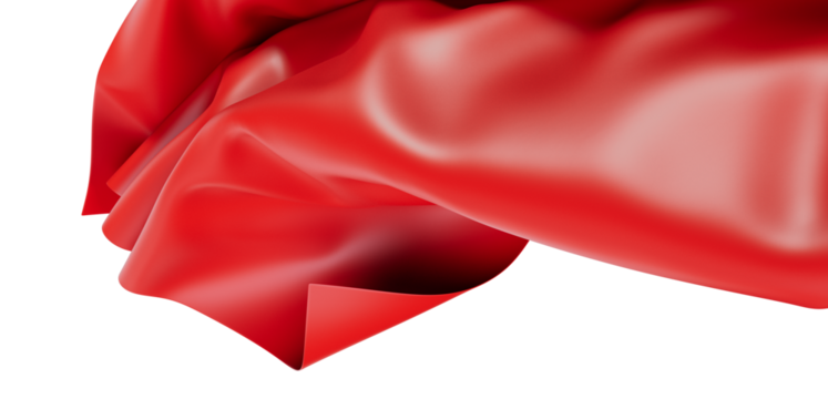 Vibrant red fabric in flowing wave against a white background. Soft light creates folds and shadows, perfect for elegant designs and concepts.
