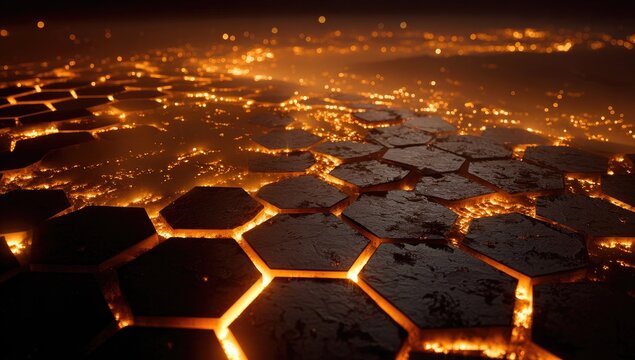 Aerial view of a glowing, textured, hexagonal landscape with blurred city lights in the distance
