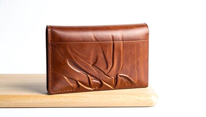 A close-up photograph showcases a brown leather wallet resting on a light-colored wooden surface. The wallet displays intricate embossed floral details