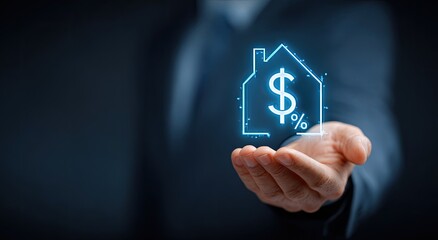 Businessman holding glowing house outline with dollar sign and percentage symbol. Real estate concept