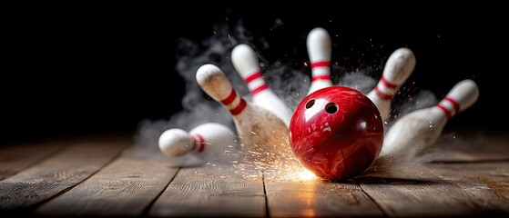 Bowling ball strikes pins creating sparks on a wooden lane in a vibrant moment of excitement during a fun bowling session