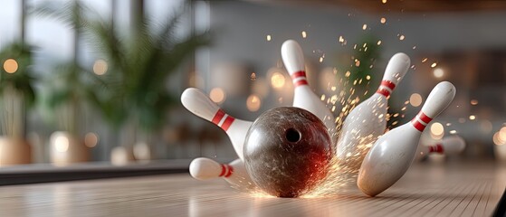 Bowling ball strikes down pins in a lively alley filled with vibrant lights and a welcoming atmosphere during an evening outing