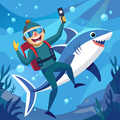 Underwater Selfie of Scuba Diver Swimming Close to Great White Shark, Ai Generated
