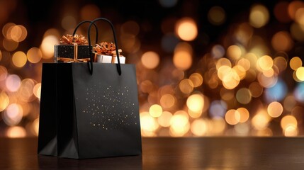 Black shopping bag with golden gifts