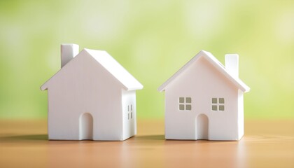 Two miniature white houses with chimneys and windows, placed on a wooden surface.