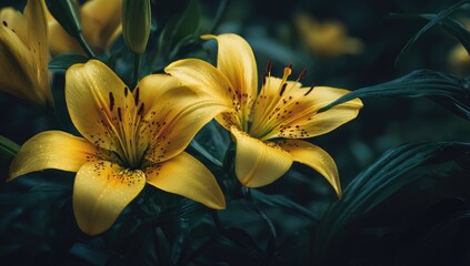 Obraz premium Two radiant yellow lilies, speckled with pollen, bloom amidst dark green foliage