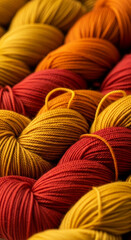 Fototapeta premium Close-up of red and gold yarn balls, showcasing textured surface and warm color palette, representative of craft, warmth, and autumnal themes