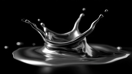 Highly detailed, metallic, crown-shaped splash, originating from a reflective liquid surface, against a black background