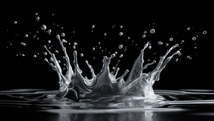 Monochrome image of a water splash, resembling a crown, against a stark black background