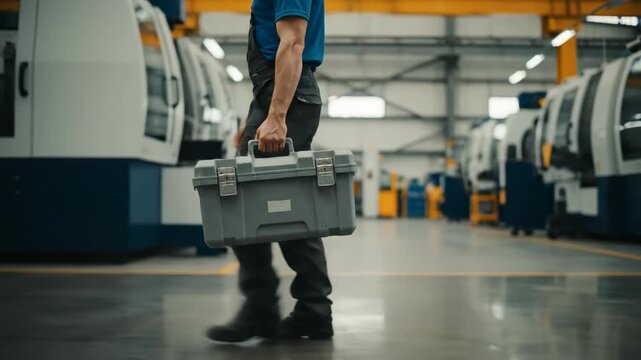 Skilled Worker in Blue Shirt Holding Tool Box in Modern Workshop